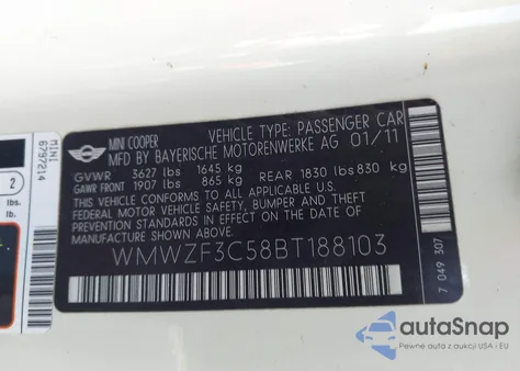 2011 Mini Cooper Clubman из США, поврежденный, VIN WMWZF3C58BT188103